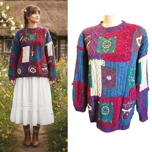 VTG 80s Colorful Colorblock Chunky Hand Knitted Oversized Sweater Medium